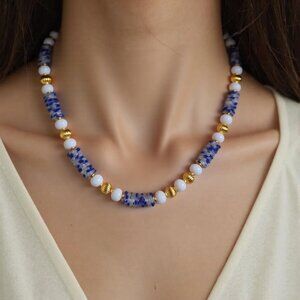 Cobalt Blue Mist Rondelle Recycled Glass beaded necklace